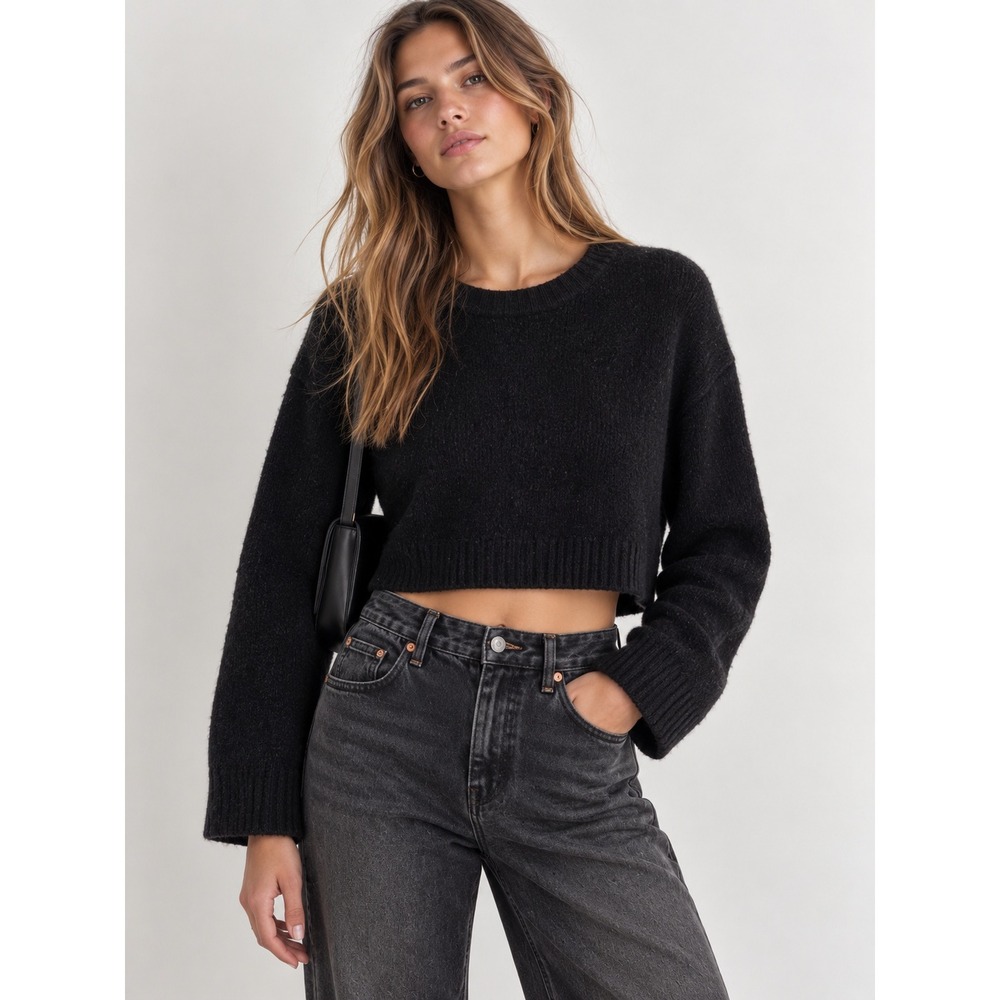 AllSaints Angelina Cropped Sweater Womens M Black Wool Yak Blend Minimalist Soft